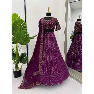 งานลำดับด้าย georgette แฟนซี lehenga choli กับไวน์ dupatta - Product Image 1