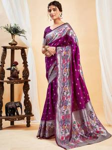 Purple Silk <b>Saree</b> With Floral Embroidery Traditional Indian Wedding Wear For Women Floor-Length Regular Fit - Product Image 1