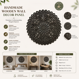 Panneau décoratif mural en bois artisanal de qualité supérieure |   Décoration murale en bois sculpté à motifs floraux pour salon, chambre, bureau à domicile - Product Image 5