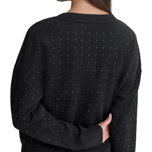 Hot Sale Women's Winter Casual Oversize Sweatshirts Black Solid Color Rhinestones Washed Crew Neck Customized Cotton/Polyester - Product Image 6