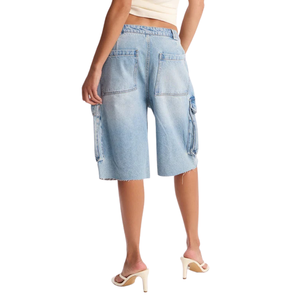 Women <b>Light</b> Blue Washed Denim Cargo Shorts Wide Leg Casual Mid Multi Pocket Summer Fashion Breathable Quick Dry Loose Fit Knee - Product Image 2