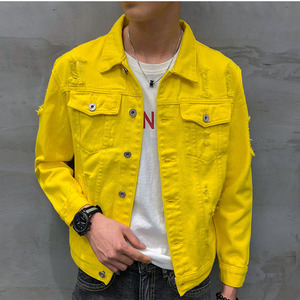 เสื้อแจ็คเก็ตยีนส์สีเหลืองสำหรับผู้ชาย สไตล์ลำลอง ขาดรุ่ย ปกเสื้อพับได้ ทรงปกติ ผ้าฝ้ายทอ ใส่ได้ในฤดูใบไม้ร่วง ติดกระดุมแถวเดียว - Product Image 2