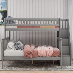 Letto a Castello Grigio con Scala e Contenitore, Dimensioni Twin Over Full, per Bambini - Product Image 4