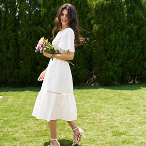 2026 ग्रीष्मकालीन v गर्दन की पुफ आस्तीन एक लाइन शादी के अतिथि पोशाक लंबे बोहो सफेद मिडी पोशाक - Product Image 3