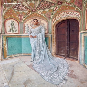 Sari de diseño Bollywood de alta calidad en georgette sintético con bordado, lentejuelas de 5 mm y flecos de cristal, con trabajo Zalar, y blusa - Proveedor de la India - Product Image 1