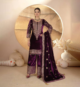 Traje Surat de terciopelo de viscosa pesada, kurta/kurti moderna hasta el suelo para mujer, manga larga, estampado de lámina para fiesta, de secado rápido - Product Image 3