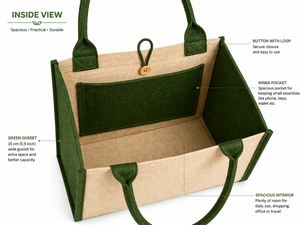 Two Tone Green Laminated Jute <b>Tote</b> <b>Bag</b> Front Pocket Eco Friendly Reusable Shopping <b>Bag</b> Custom Logo Wholesale <b>Extra</b> <b>Large</b> - Product Image 6