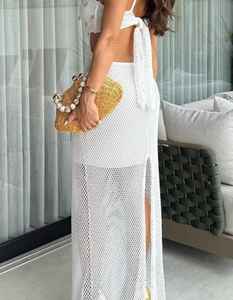 Vestido largo maxi blanco marfil con aberturas para mujer, de verano, para playa, con tirantes finos, ajustado, para fiesta en la playa - Product Image 4