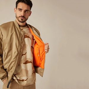 Blouson bomber beige pour homme, col rabattu, fermeture éclair, coupe décontractée, coupe-vent, polyester, pour l'automne, coupe classique, couleur unie - Product Image 3