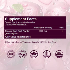Cápsulas de Remolacha Orgánica OEM 1200mg, Potenciador Natural de Óxido Nítrico para el Rendimiento Atlético y la Resistencia, 100% Vegetarianas - Product Image 2