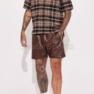 Manufacturer Custom Street Style Casual Leather <b>Short</b> <b>Patch</b> Drawstring Exposed Pockets PU Leather Cargo <b>Shorts</b> for <b>Men</b> - Product Image 3