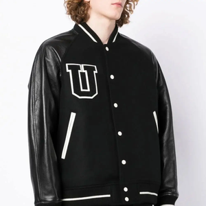 Men's Black Varsity Jacket PU Leather Sleeve Letter U Print Turn-down Collar Button Closure Preppy Style Autumn Wear - Product Image 3