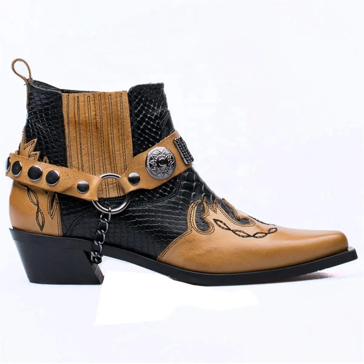 Women Cowboy Ankle Boots Western Genuine Printed Leather Pointed Toe Low Heel Stretch Boots Designer Shoes Handcraft Wholesale
