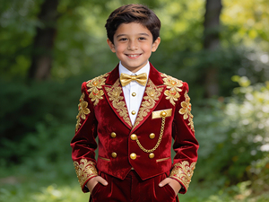 ชุดสูทเด็กชายสีงาช้างผ้ากำมะหยี่แบบกระดุมสองแถวพร้อมลายปักสีทอง |   ชุดสูทสำหรับเด็กสำหรับงานแต่งงานและงานปาร์ตี้ - Product Image 3