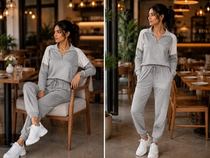 Ensemble de survêtement décontracté 2-en-1 pour femme, couleur unie, avec pull demi-zip et pantalon de survêtement à manches longues, cordon de serrage et poches, idéal pour l'hiver - Product Image 4