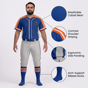 Ensemble uniforme de baseball pour hommes, maillot rayé bleu et orange, pantalon, manches courtes, fermeture à boutons, tissu en maille respirant - Product Image 6