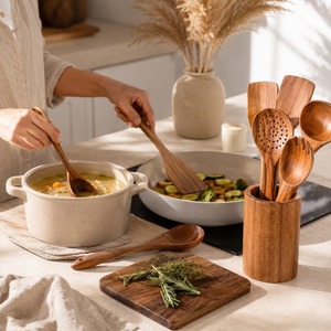 Juego de utensilios de cocina de madera de acacia natural hechos a mano: cuchara, espátula, cucharón, volteador, cuchara ranurada. Ecológico, apto para lavavajillas. - Product Image 4