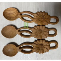 Cuillères à café, à miel et à dessert en bois naturel sculpté à la main, motif feuille de fleur, ustensiles de cuisine décoratifs, coffret cadeau, Vietnam
