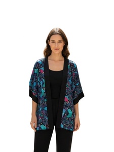 Elegante Blusa Kimono de Rayón para Mujer, Manga Corta, Estampado Floral Geométrico Vintage, Informal, Tejida, Ecológica, Transpirable, Verano - Product Image 4