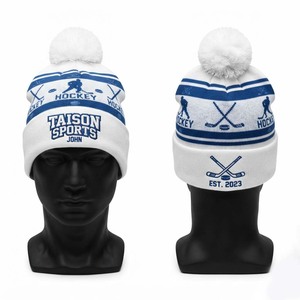 TAISON SPORTS Premium <b>Wool</b> Knit Ice Hockey <b>Beanie</b> Cap 280 GSM White Blue Solid Custom Embroidered Team Logo Warm Winter <b>Hat</b> - Product Image 1