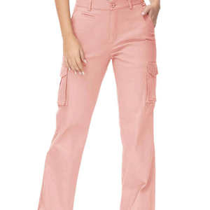 Pantalon cargo taille haute pour femme, rose uni, en toile, décontracté, longueur intégrale, avec poches, coupe classique, style été - Product Image 4