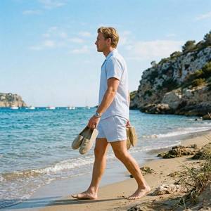Ensemble coordonné d'été personnalisé pour homme en seersucker, chemise à manches courtes rayée bleu clair et short, ensemble 2 pièces respirant pour la plage - Product Image 6