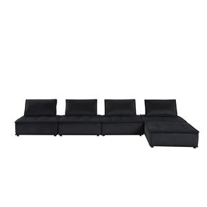 Divano Componibile Anna in Velluto Nero da 160 Pollici con Pouf, Set di 5 Pezzi per Arredamento Soggiorno - Product Image 2