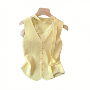 Chaleco de punto personalizado para mujer con encaje, cuello halter en V, sin mangas, con botones, tipo cárdigan, top casual de verano, camisola. - Product Image 2