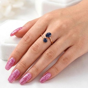 Blue Sandstone Open <b>Adjustable</b> <b>Ring</b> Rose Gold Vermeil Double Gemstone Bypass <b>Ring</b> Women Jewelry Wholesale - Product Image 2