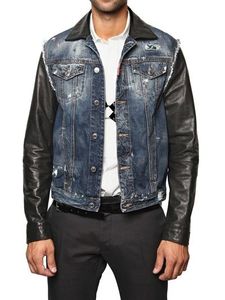 Chaqueta Vaquera para Hombre con Mangas de Cuero, Cuello Camisero, Cierre de Botón, Color Azul Lavado, Estilo Motociclista, Corte Casual para Otoño - Product Image 1