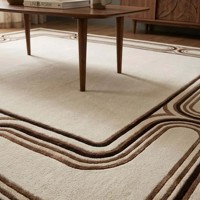 Solid Abstract Hand Tufted Rug Modern Wavy Border Area Rug Cream Brown Woolen Carpet Luxury Office Floor Decor Soft PET Friendly