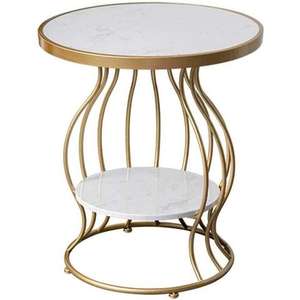 Mesa auxiliar de 2 niveles con tapa de mármol y estructura metálica dorada, mesa de centro para sala de estar, hotel y restaurante. - Product Image 1
