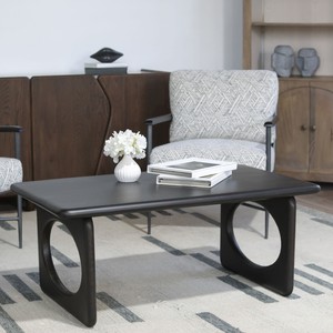 Table basse moderne noire avec pieds géométriques découpés en cercle, en bois de manguier massif, table centrale pour canapé, idéale pour la maison et le salon de style farmhouse - Product Image 1