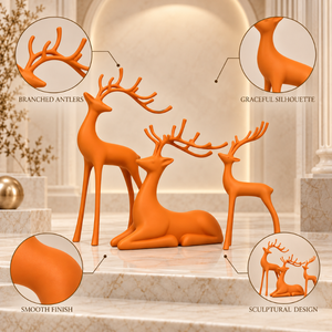 Trio de figurines de cerfs artistiques orange avec cornes |   Ensemble de 3 sculptures élégantes pour table, salon, bureau, étagère, décoration intérieure - Product Image 3