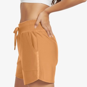 <b>Women's</b> Solid Color Knitted Polyester Sport <b>Shorts</b> Mid Waist Drawstring Breathable Regular Fit 3D Embroidery 160g <b>Orange</b> - Product Image 2