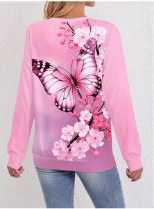 Sudadera TRIBON SPORTS para Mujer, Cuello Redondo, Estampado Floral de Mariposas Rosas, Corte Regular, Manga Larga, Informal, para Primavera, 100% Bambú - Product Image 2