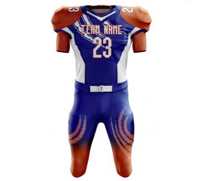 Ensemble d'uniformes de football américain personnalisés, maillot et pantalon sublimés pour hommes, nom de l'équipe 23, bleu orange, ajusté, anti-transpiration - Product Image 1