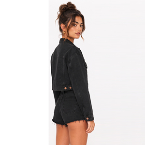 Black <b>Cropped</b> Jeans <b>Jacket</b> Women's Turn Down Long Sleeve <b>Denim</b> <b>Jackets</b> Button Closure Crop Trucker <b>Jacket</b> Ladies Winter Wear - Product Image 4