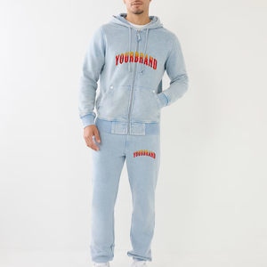 Factory Direct Supply Fleece-Lined Cotton Zipper Style Men's Hooded Eco-Friendly Four-Way Stretch Tracksuits <b>Light</b> Blue - Product Image 1