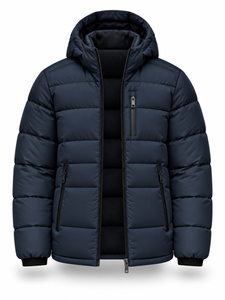 Blouson matelassé à capuche bleu marine pour homme, imperméable, séchage rapide, coupe-vent, décontracté, fermeture éclair frontale, logo, rembourrage en polyester, coupe régulière - Product Image 3