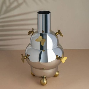Modern Eco-Friendly Durable Chrome Plated Stainless Steel Vase with Gold Butterflies Desktop Flower Pot Indoor Glam Style - Product Image 1
