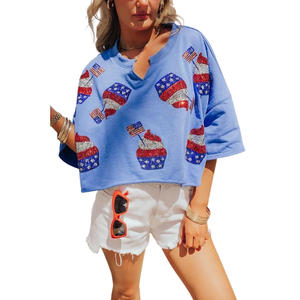 Ensemble short et haut décontracté d'été pour la Fête Nationale du 4 juillet, manches longues, avec broderie de sequins motif Cupcake, 100% coton - Product Image 1