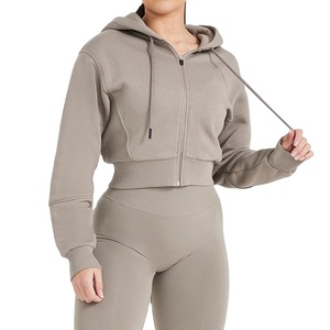 Wholesale Custom LOGO High Quality Women Blank Full <b>Zip</b> <b>up</b> Drawstring Soft Fleece Oversized Lounge <b>Cropped</b> Zipper Hoodie 2026 - Product Image 6