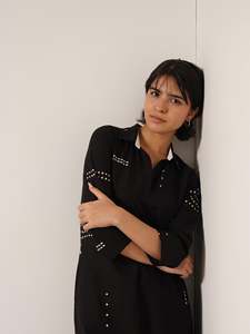 Black Maxi <b>Shirt</b> Dress With Dot Pattern Three Quarter Sleeve <b>Mandarin</b> <b>Collar</b> Woven Fabric Casual Daily Wear - Product Image 2