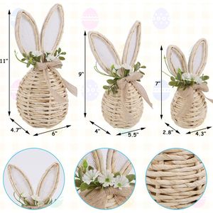 Set di 3 Decorazioni Pasquali Neutre per Centrotavola, Coniglietto in Rattan con Fiori, Decorazioni per Pasqua - Product Image 3