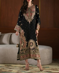 <b>Women</b> Customized Color Velvet Embroidered Knee-Length Anarkali <b>Kurti</b> with Dupatta Silk Bridal Indian Pakistani Party Suit - Product Image 5