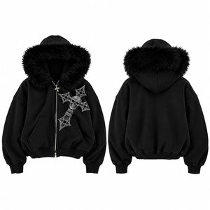 Women's <b>Gothic</b> Black Hooded Sweatshirt With Faux Fur Trim Skull Cross Print Zip-Up <b>Jacket</b> Winter Knitted Hoodie Regular Fit - Product Image 1