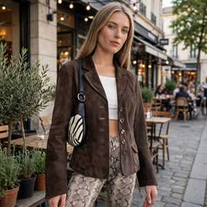 Women's Brown Suede <b>Blazer</b> Long Sleeve Notched Collar Button Up Coat - Product Image 6
