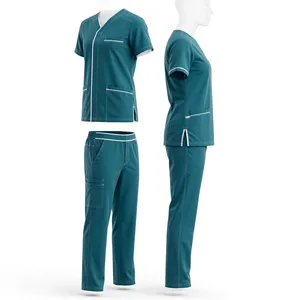 Conjunto de Uniforme Médico Unisex Color Verde Azulado, Camiseta de Manga Corta con Bolsillos, Pantalones con Cordón Ajustable, Transpirable, 100% Poliéster, Uniforme Médico para Adultos - Product Image 2