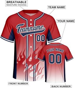 Custom Baseball Jersey Red Navy <b>Flame</b> Design Sublimation Print Breathable Polyester Men's Short Sleeve Button Up <b>Shirt</b> - Product Image 4